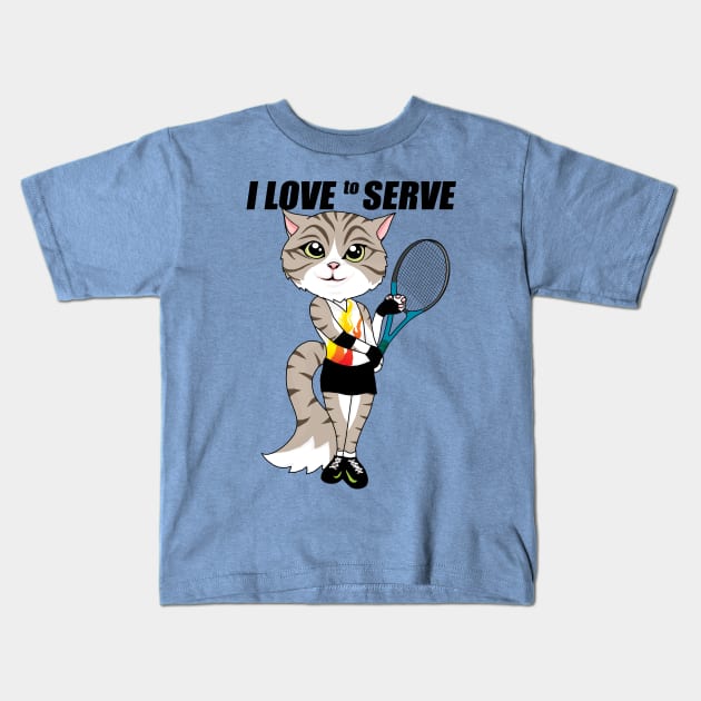 Tennis Cat I love to serve Kids T-Shirt by KewaleeTee